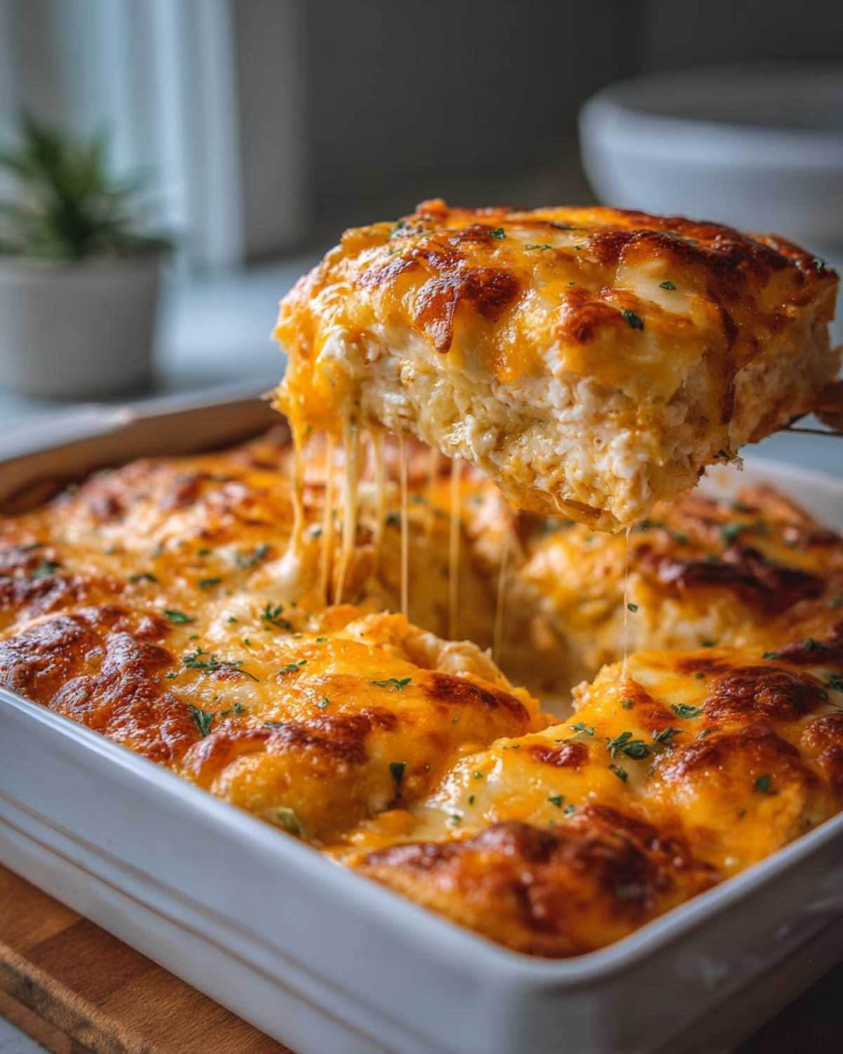 A serving spoon lifts a square portion of Cheesy Chicken Tortilla Bake, showing melted, stretching cheese strings.