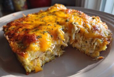 A close-up of a serving of Cheesy Chicken Tortilla Bake Easy Dinner, showing shredded chicken filling and a bubbly, melted cheddar cheese top.