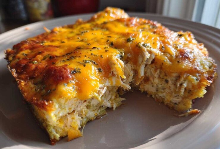 A close-up of a serving of Cheesy Chicken Tortilla Bake Easy Dinner, showing shredded chicken filling and a bubbly, melted cheddar cheese top.