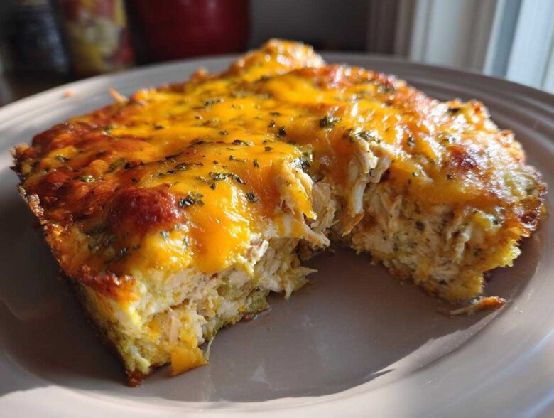 A close-up of a serving of Cheesy Chicken Tortilla Bake Easy Dinner, showing shredded chicken filling and a bubbly, melted cheddar cheese top.