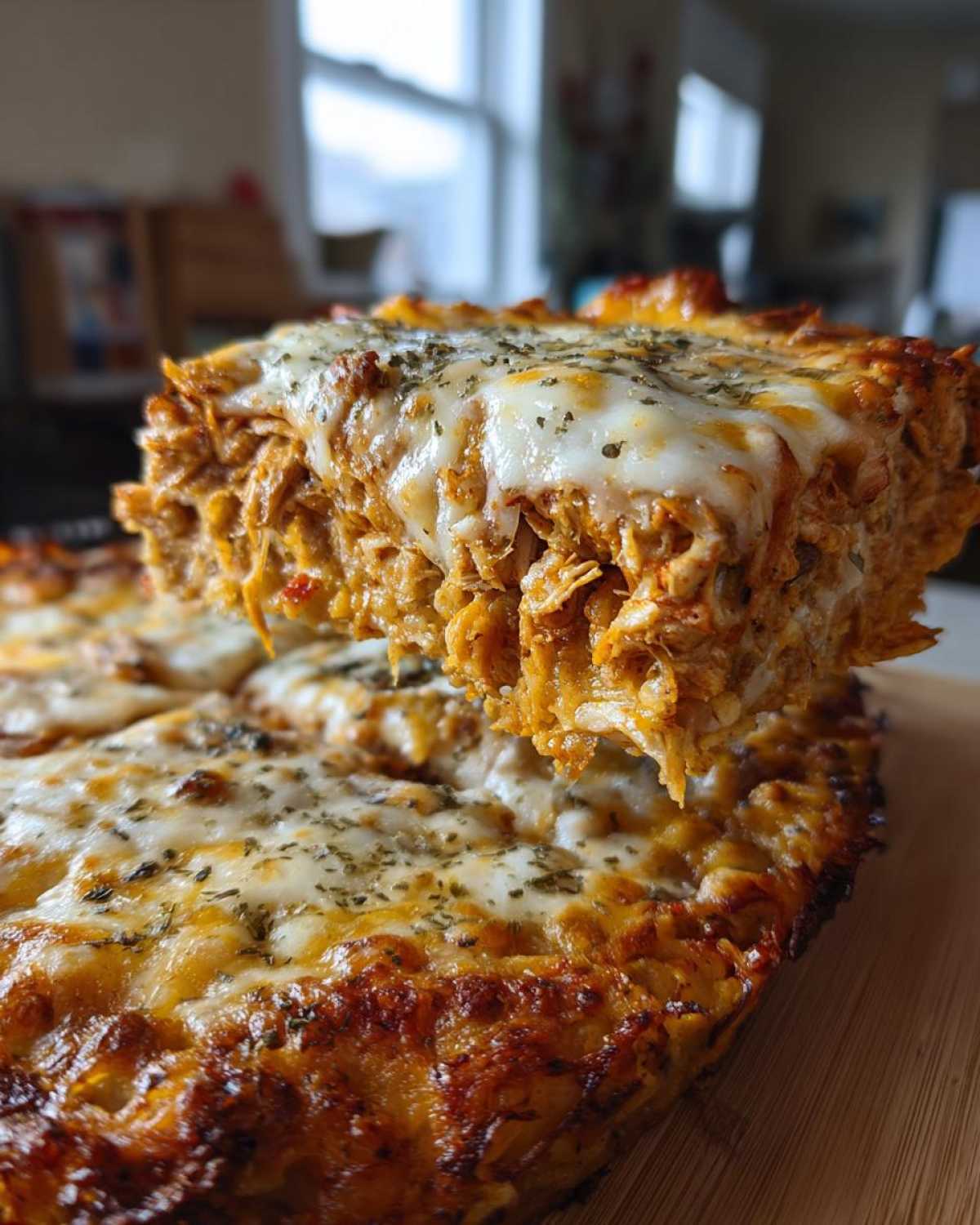 A lifted slice showing gooey cheese and shredded chicken filling from a Cheesy Chicken Tortilla Bake Easy Dinner.