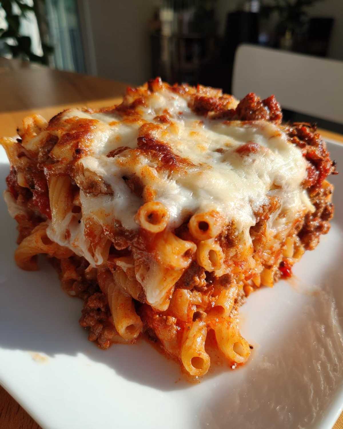 A generous serving of Cheesy Ground Beef Pasta Bake Comfort Food topped with melted, browned mozzarella cheese.