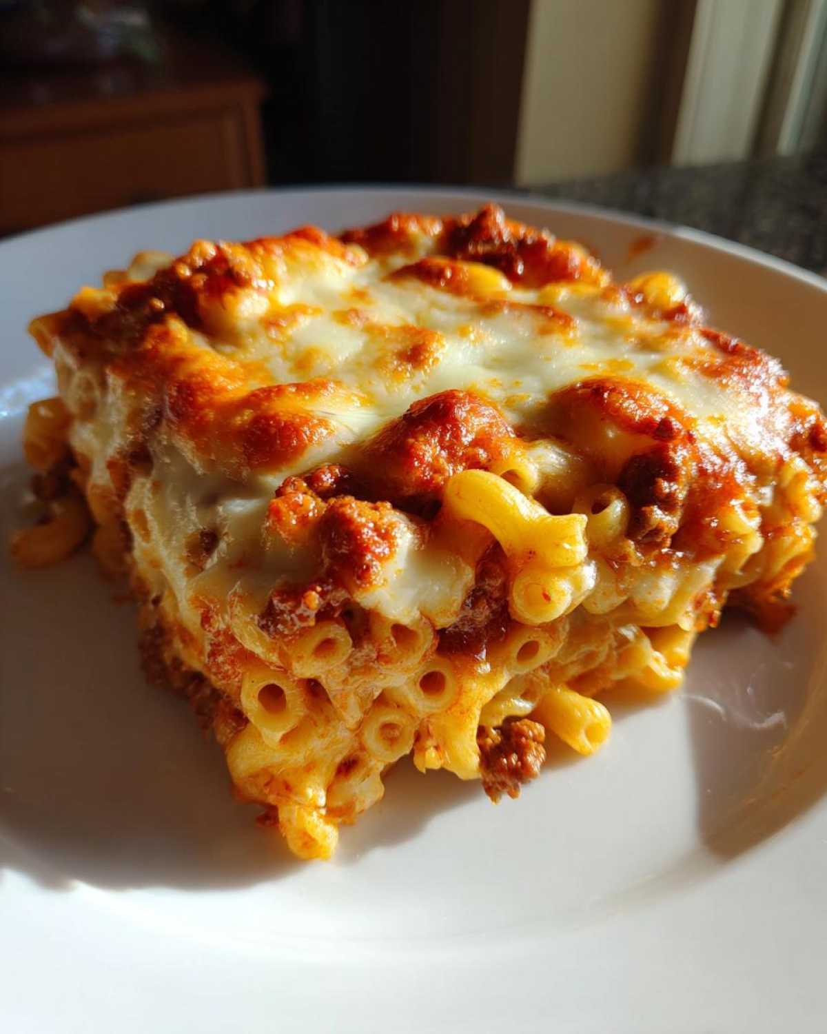 A close-up of a square serving of Cheesy Ground Beef Pasta Bake Comfort Food with melted cheese topping.