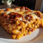 A generous slice of Cheesy Ground Beef Pasta Bake Comfort Food served on a white plate, featuring melted cheese.