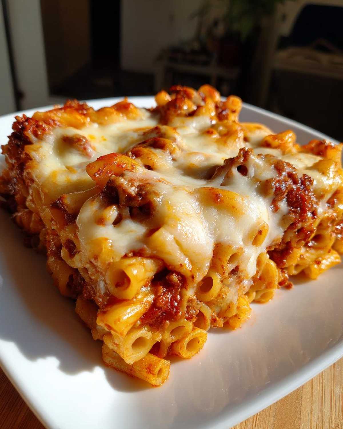 A close-up of a baked serving of Cheesy Ground Beef Pasta Bake Comfort Food topped with melted mozzarella.