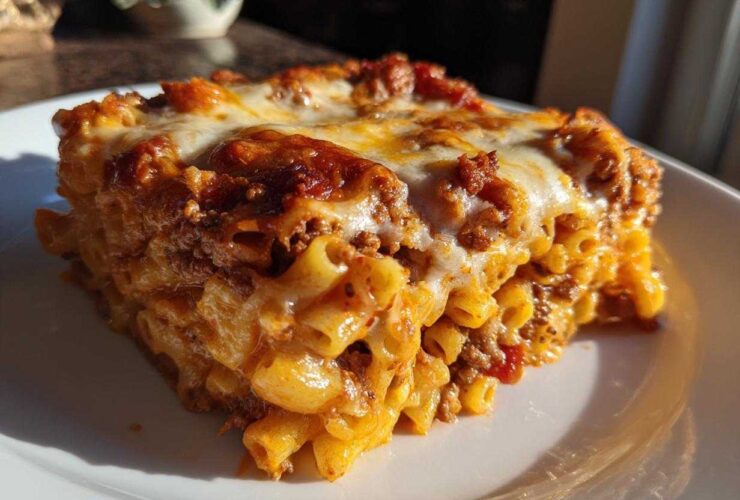 A generous slice of Cheesy Ground Beef Pasta Bake Comfort Food served on a white plate, featuring melted cheese.