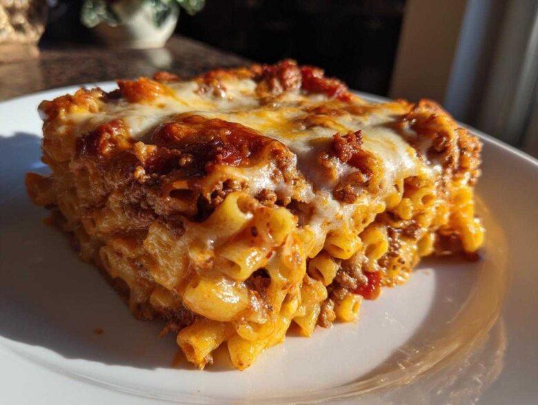 A generous slice of Cheesy Ground Beef Pasta Bake Comfort Food served on a white plate, featuring melted cheese.