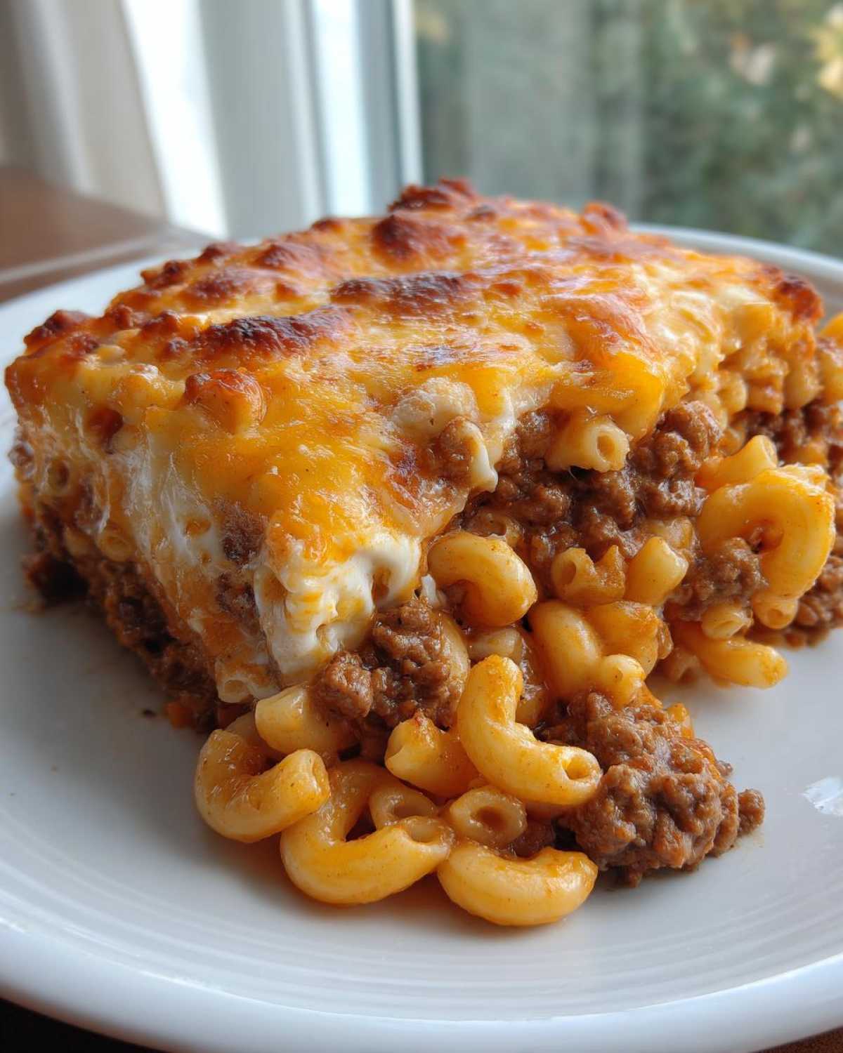 A generous serving of Cheesy Ground Beef Pasta Bake showing elbow macaroni, seasoned ground beef, and a thick, bubbly, browned cheese topping.