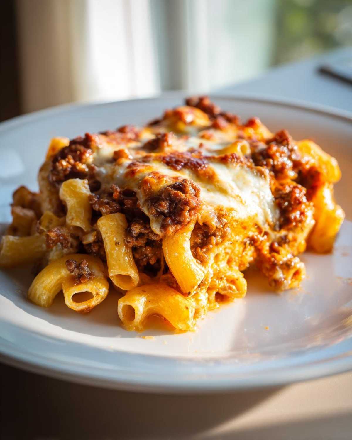 A close-up serving of Cheesy Ground Beef Pasta Bake with a rich meat sauce and a top layer of melted, slightly browned cheese.