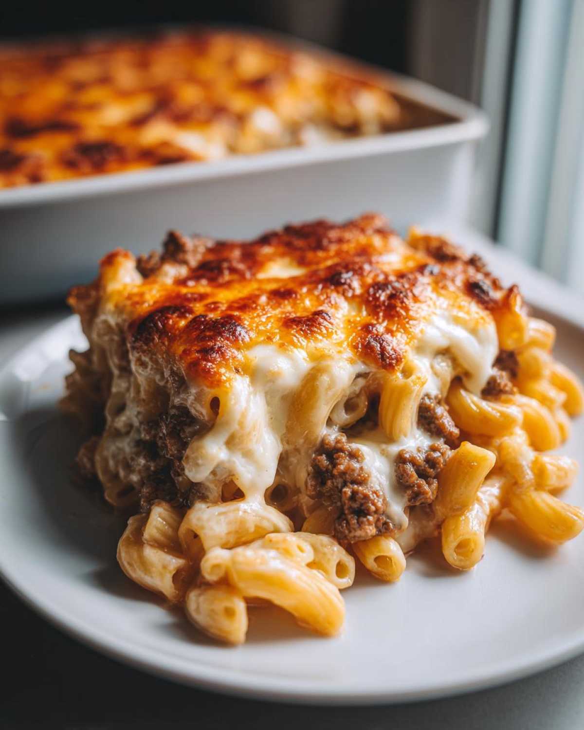 Close-up of a serving of Cheesy Ground Beef Pasta Bake with Creamy Sauce, featuring browned cheese topping and macaroni pasta.