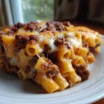 Close-up of a hearty serving of Cheesy Ground Beef Pasta Bake with creamy sauce and melted, browned cheese on top.