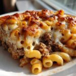 A close-up serving of Cheesy Ground Beef Pasta Bake showing browned cheese and creamy sauce over macaroni and ground beef.