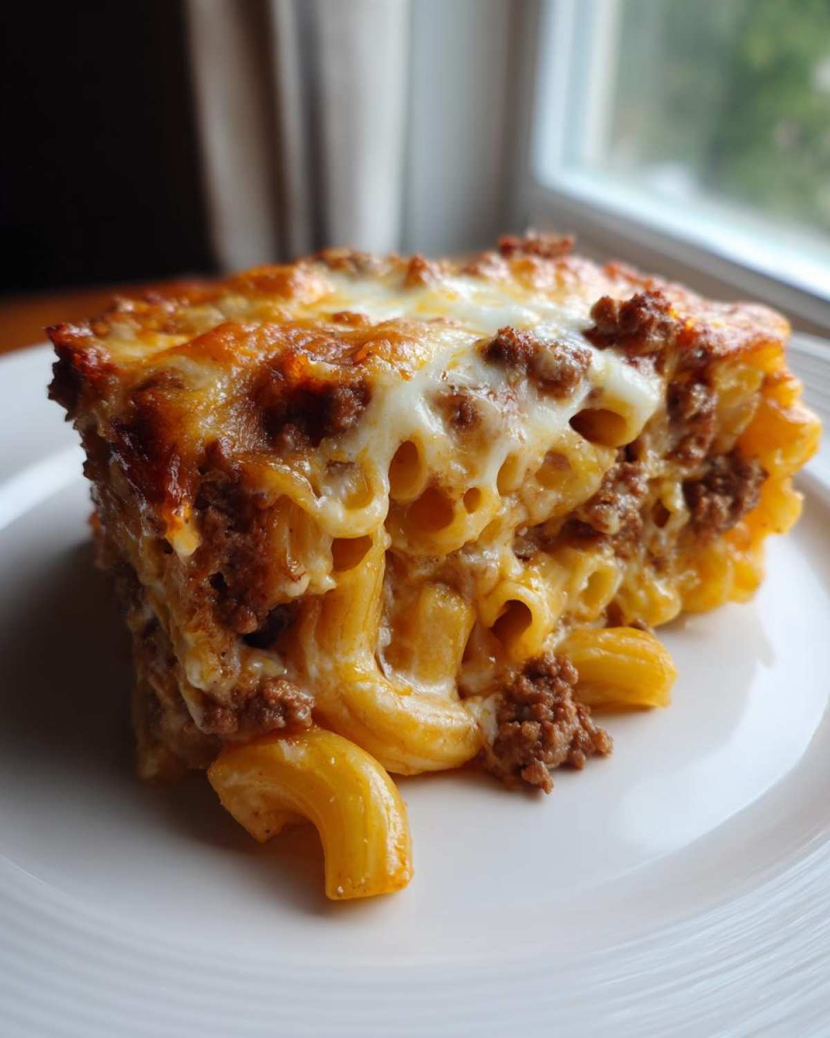 A close-up of a hearty slice of Cheesy Ground Beef Pasta Bake with Creamy Sauce, featuring baked macaroni and browned ground beef under melted cheese.