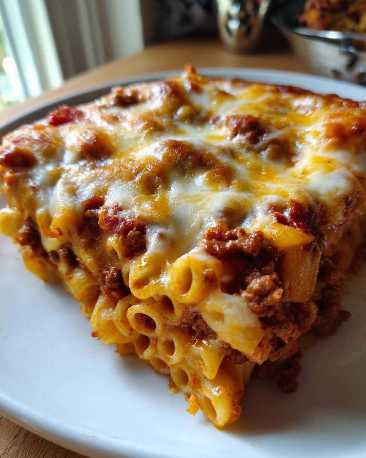 Close-up of a hearty slice of Cheesy Ground Beef Pasta Bake Comfort Food with melted cheese topping.