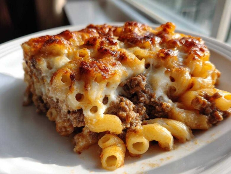 A close-up serving of Cheesy Ground Beef Pasta Bake showing browned cheese and creamy sauce over macaroni and ground beef.
