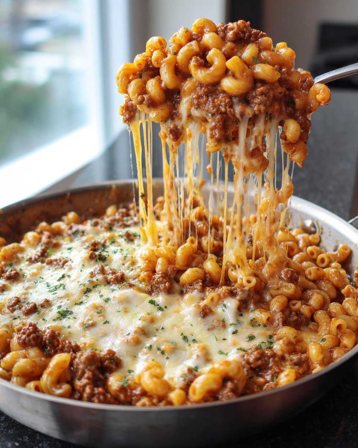 A spoonful of Cheesy Ground Beef Pasta Skillet being lifted, showing long, dramatic cheese pulls over the skillet.