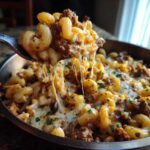 A spoonful of Cheesy Ground Beef Pasta Skillet showing extreme cheese pull over the main dish in the pan.