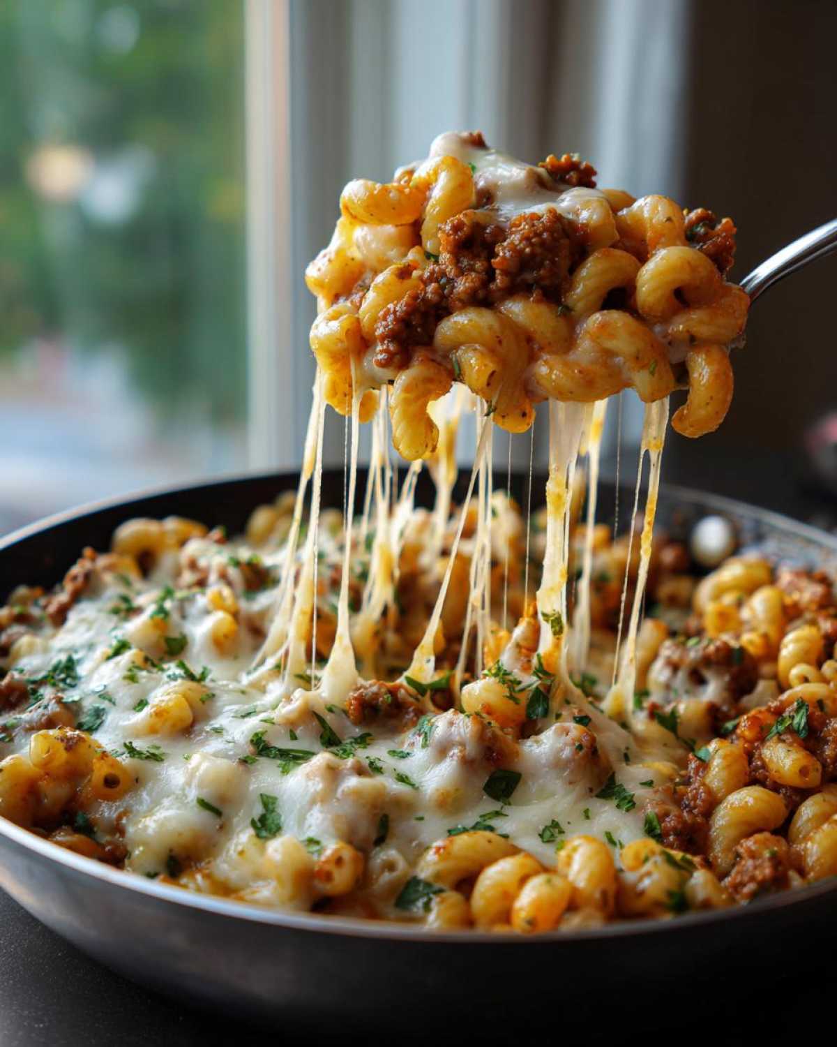 A spoonful of Cheesy Ground Beef Pasta Skillet being lifted from the pan, showing long, dramatic cheese pulls.