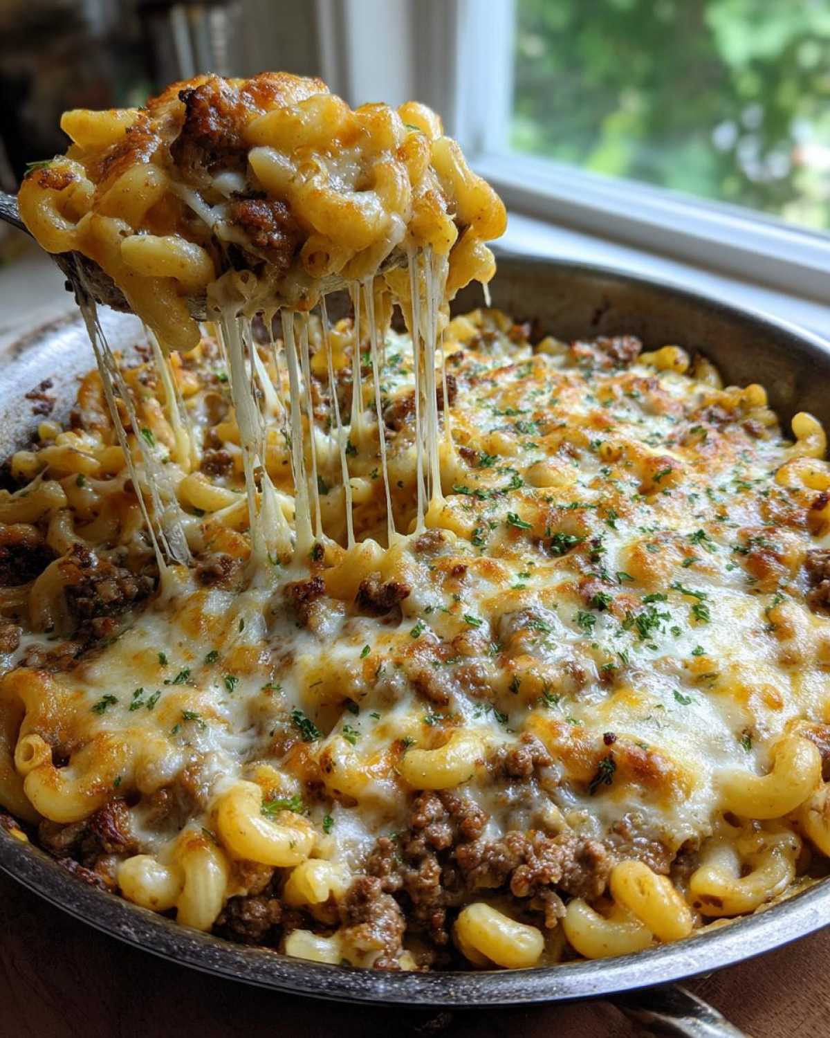 A spoonful of Cheesy Ground Beef Pasta Skillet showing long, melted cheese strings pulling away from the main dish.