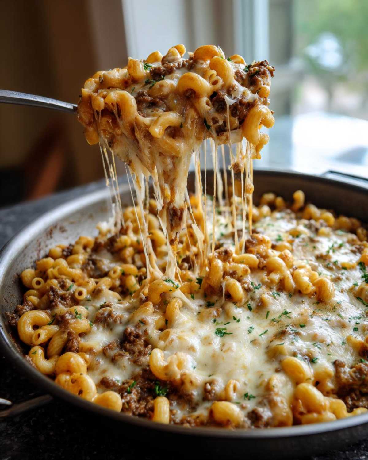 A spoonful of Cheesy Ground Beef Pasta Skillet showing long, melted cheese strings pulling away from the main dish in the pan.