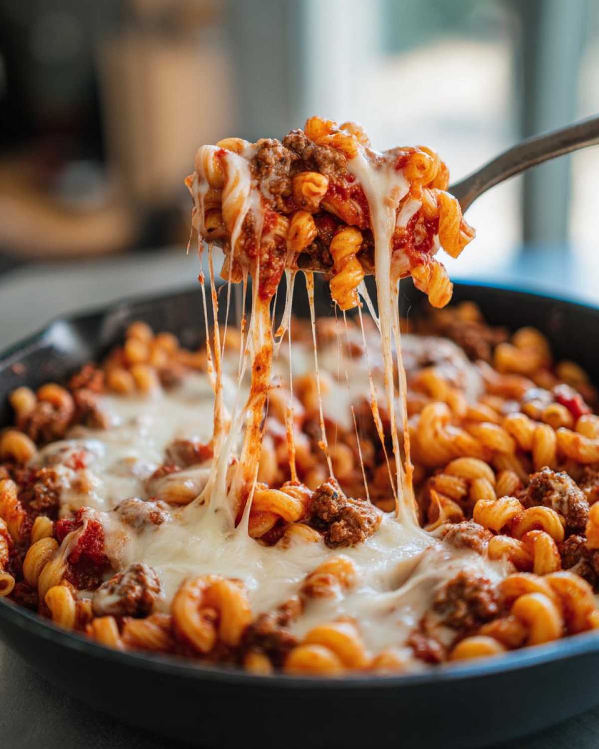 A spoonful of Cheesy Ground Beef Pasta Skillet showing a dramatic mozzarella cheese pull over the pasta and meat sauce.