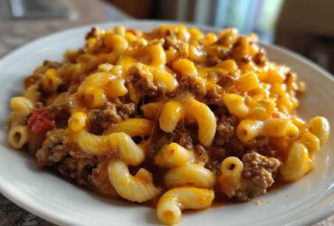 A close-up of Cheesy Ground Beef Pasta Skillet Comfort Food served on a white plate, featuring elbow macaroni and melted cheddar cheese.