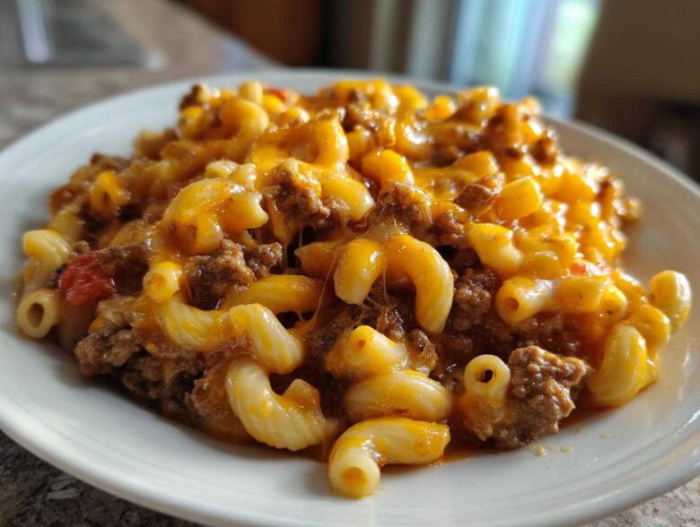 A close-up of Cheesy Ground Beef Pasta Skillet Comfort Food served on a white plate, featuring elbow macaroni and melted cheddar cheese.