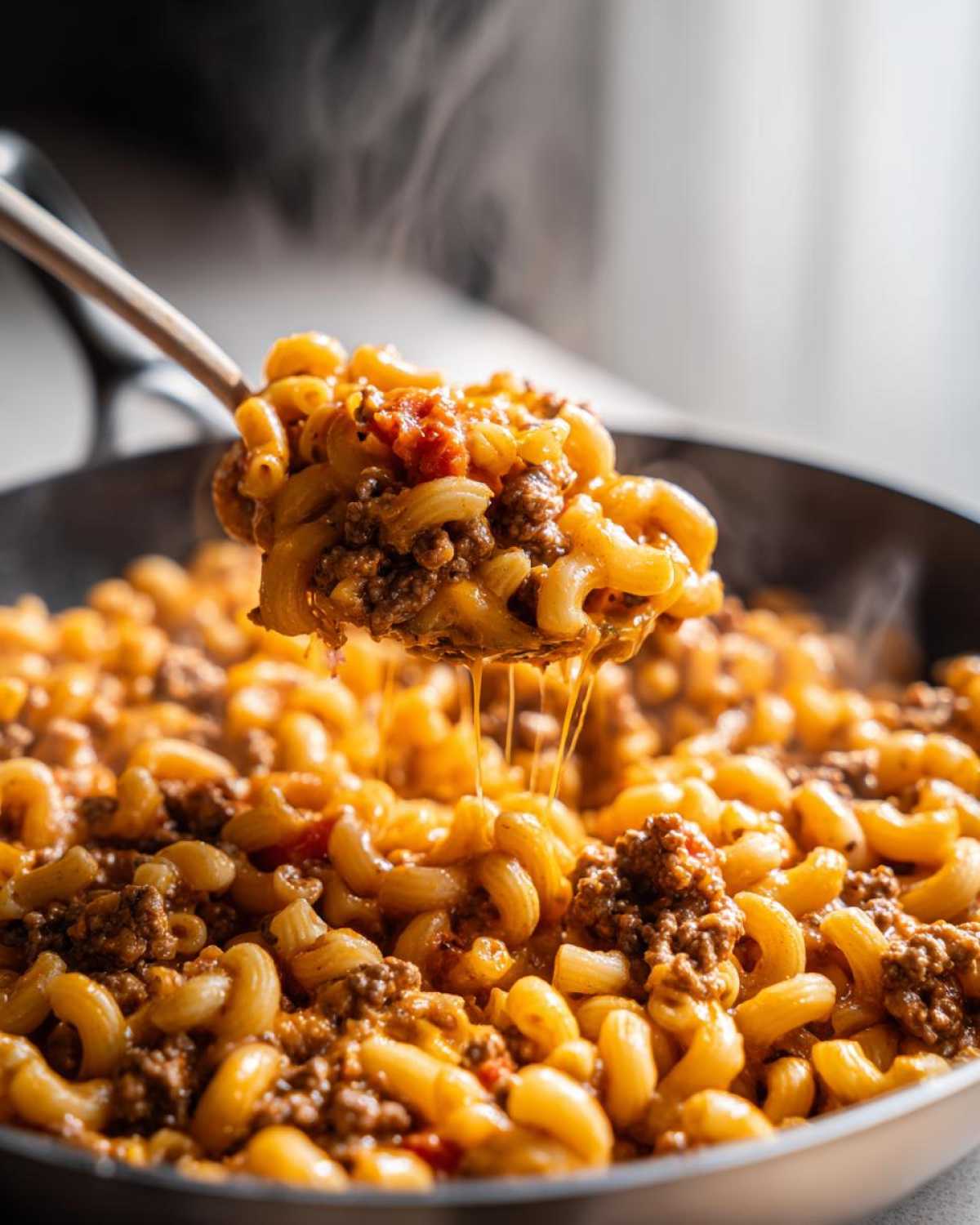 A wooden spoon lifts a scoop of steaming Cheesy Ground Beef Pasta Skillet Comfort Food, showing melted cheese strings.