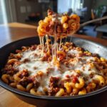 A spoonful of Cheesy Ground Beef Pasta Skillet with Mozzarella showing a dramatic cheese pull over the rest of the dish in a black skillet.