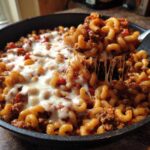 A spoonful of Cheesy Ground Beef Pasta Skillet showing a dramatic mozzarella cheese pull from the skillet.