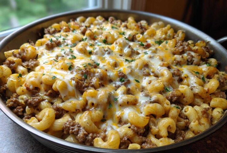 Close-up of a Cheesy Ground Beef Pasta Skillet in a pan, topped with melted white and cheddar cheese and parsley.