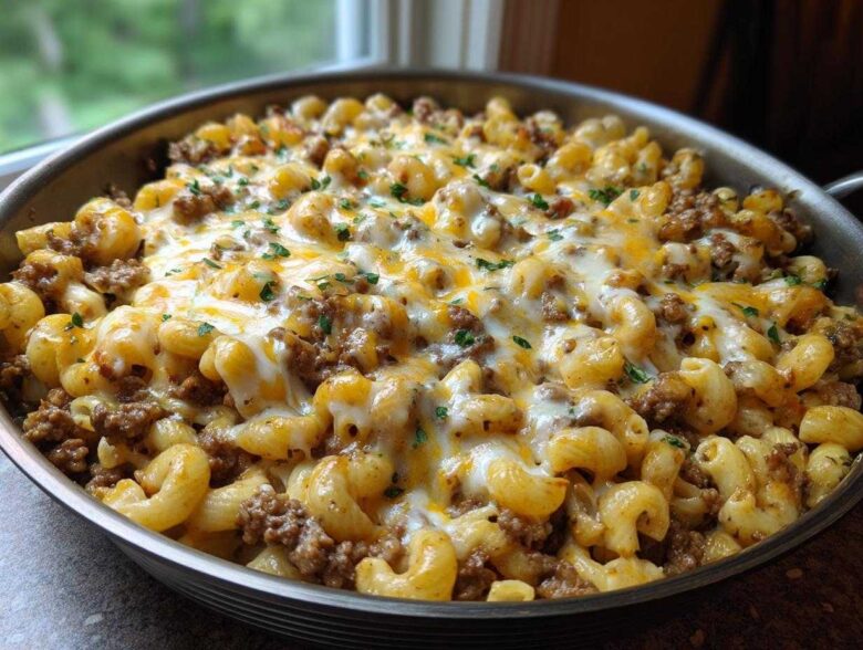 Close-up of a Cheesy Ground Beef Pasta Skillet in a pan, topped with melted white and cheddar cheese and parsley.