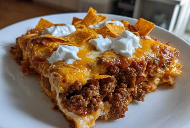 A generous slice of Cheesy Ground Beef Queso Bake Comfort Dish topped with melted cheese, sour cream dollops, and tortilla chips.