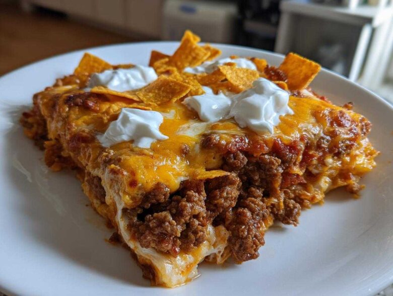 A generous slice of Cheesy Ground Beef Queso Bake Comfort Dish topped with melted cheese, sour cream dollops, and tortilla chips.