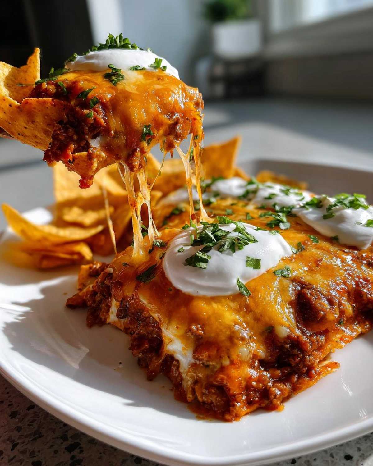 A tortilla chip scoops up a portion of Cheesy Ground Beef Queso Bake, showing a dramatic cheese pull.