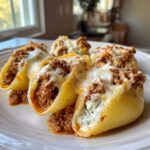 Close-up of baked Cheesy Ground Beef Stuffed Shells with cream sauce and melted mozzarella topping.