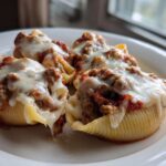 Close-up of three Cheesy Ground Beef Stuffed Shells with Cream Sauce topped with melted mozzarella cheese on a white plate.