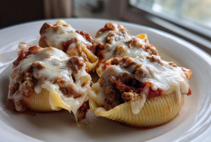 Close-up of three Cheesy Ground Beef Stuffed Shells with Cream Sauce topped with melted mozzarella cheese on a white plate.