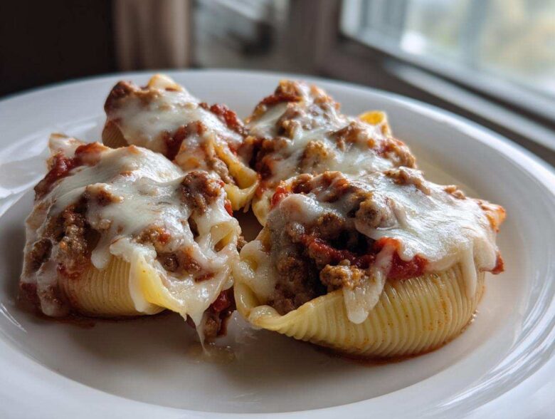 Close-up of three Cheesy Ground Beef Stuffed Shells with Cream Sauce topped with melted mozzarella cheese on a white plate.