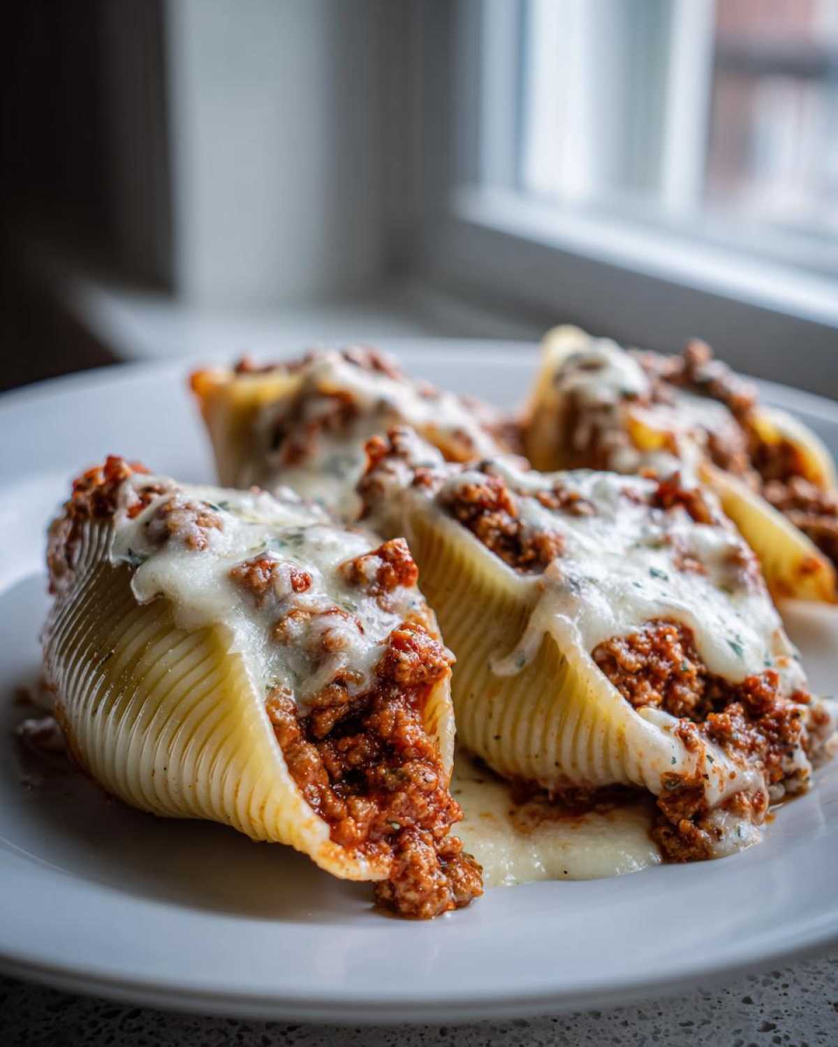 Four jumbo pasta shells filled with cheesy ground beef mixture and topped with melted white cream sauce.