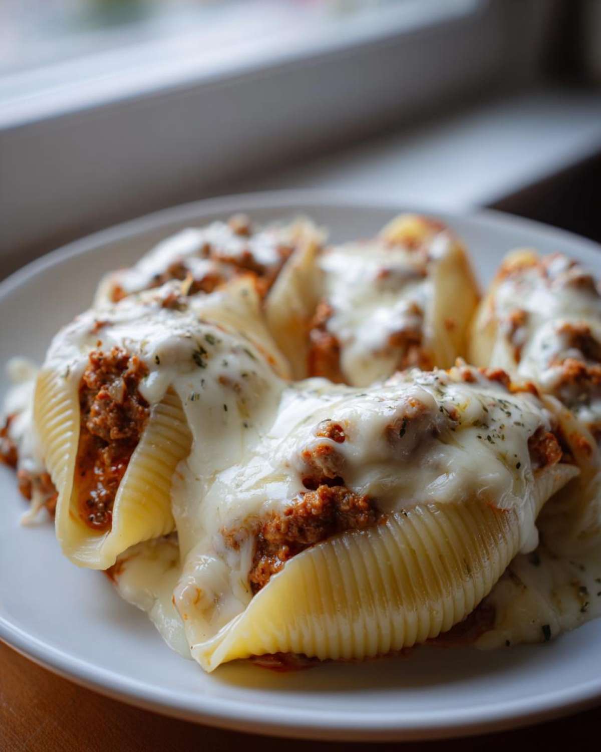Close-up of baked Cheesy Ground Beef Stuffed Shells with a rich cream sauce and melted mozzarella topping.
