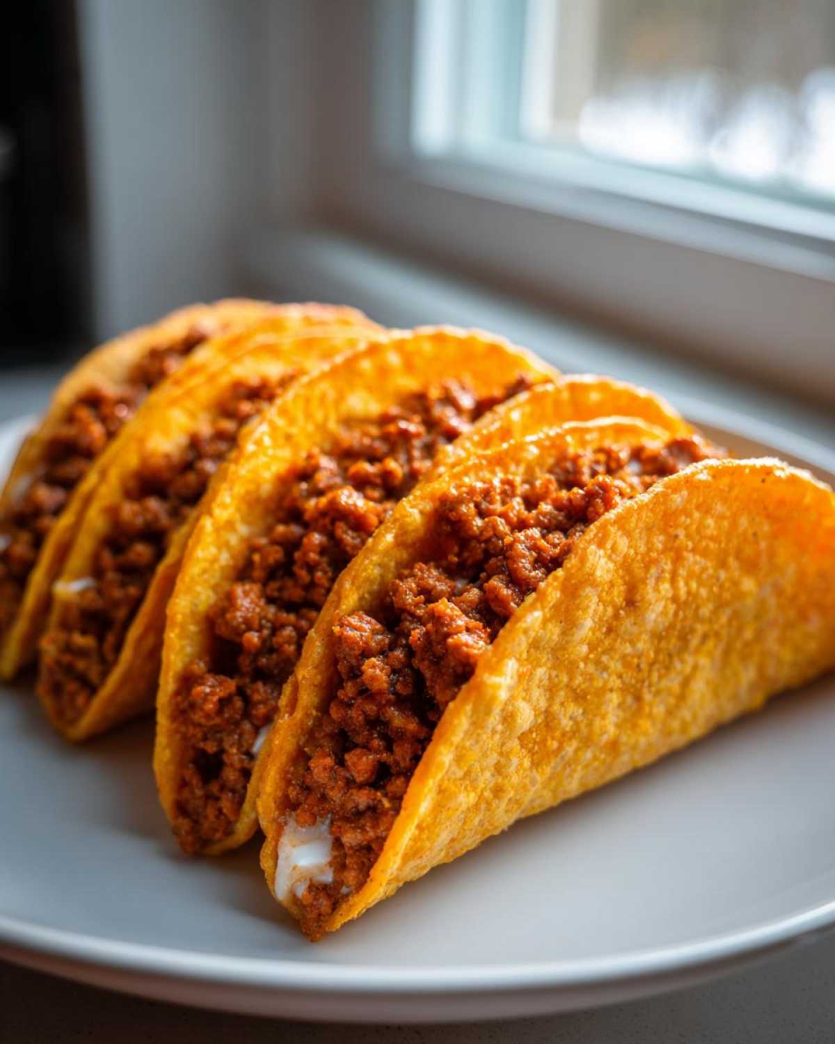 Four crispy tacos filled with seasoned ground beef and a creamy white layer, ready to eat. Perfect Cheesy Ground Beef Tacos.