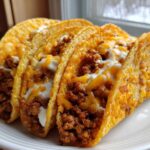 A row of four crispy tacos filled with seasoned ground beef, melted cheese, and a drizzle of creamy white sauce, highlighting Cheesy Ground Beef Tacos.