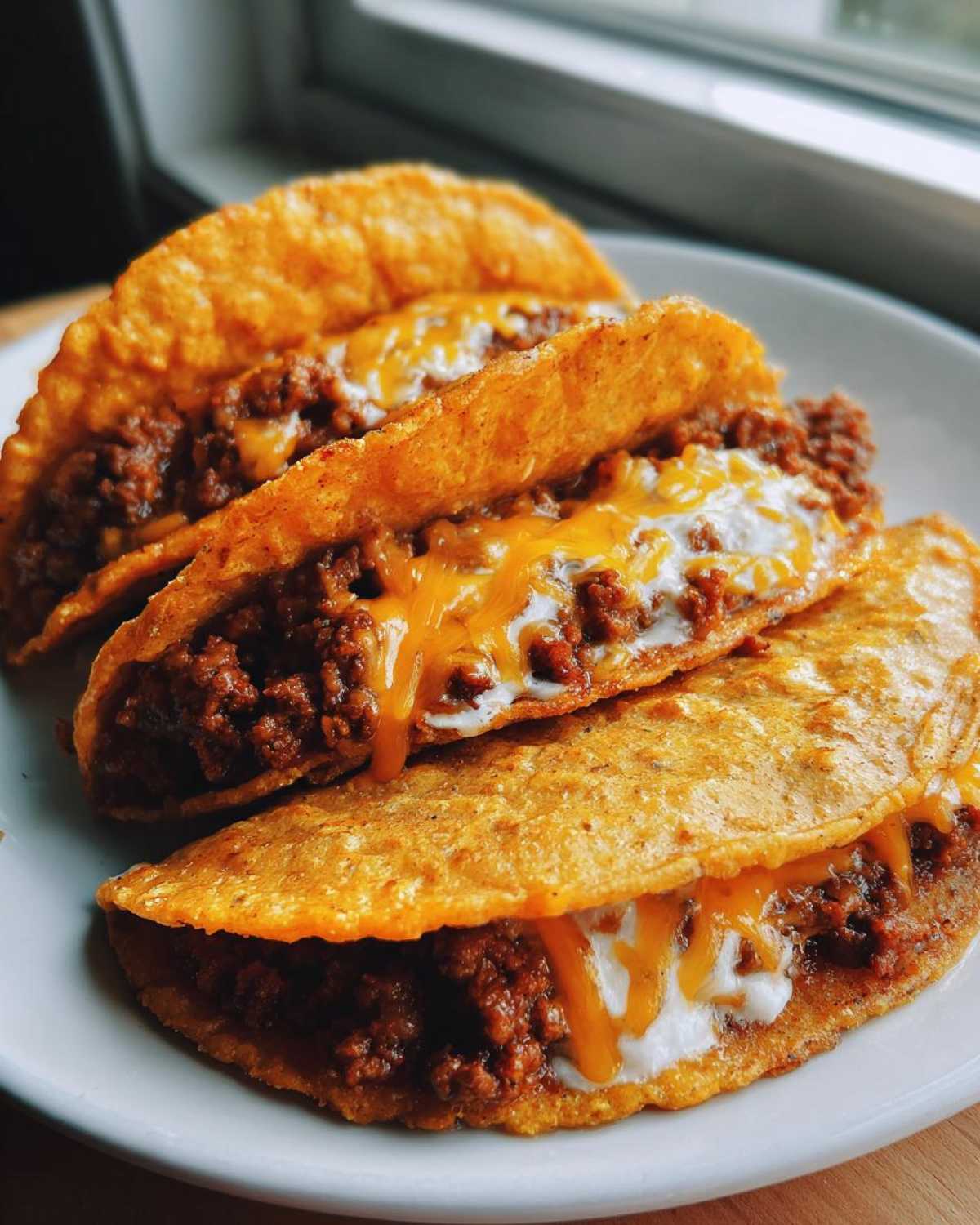 Three crispy tacos filled with seasoned ground beef, melted cheddar cheese, and a dollop of creamy white sauce, representing Cheesy Ground Beef Tacos.