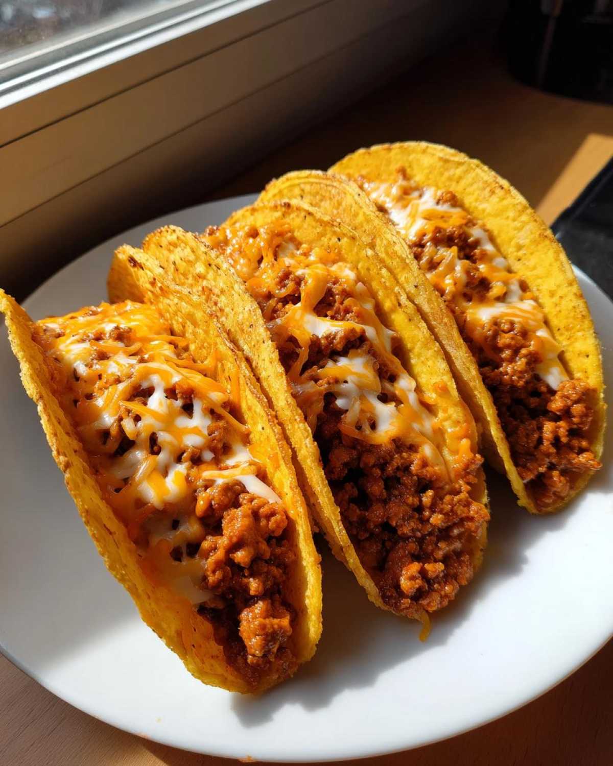 Three crispy hard-shell Cheesy Ground Beef Tacos with creamy filling and melted cheese, sitting on a white plate.