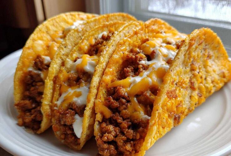A row of four crispy tacos filled with seasoned ground beef, melted cheese, and a drizzle of creamy white sauce, highlighting Cheesy Ground Beef Tacos.