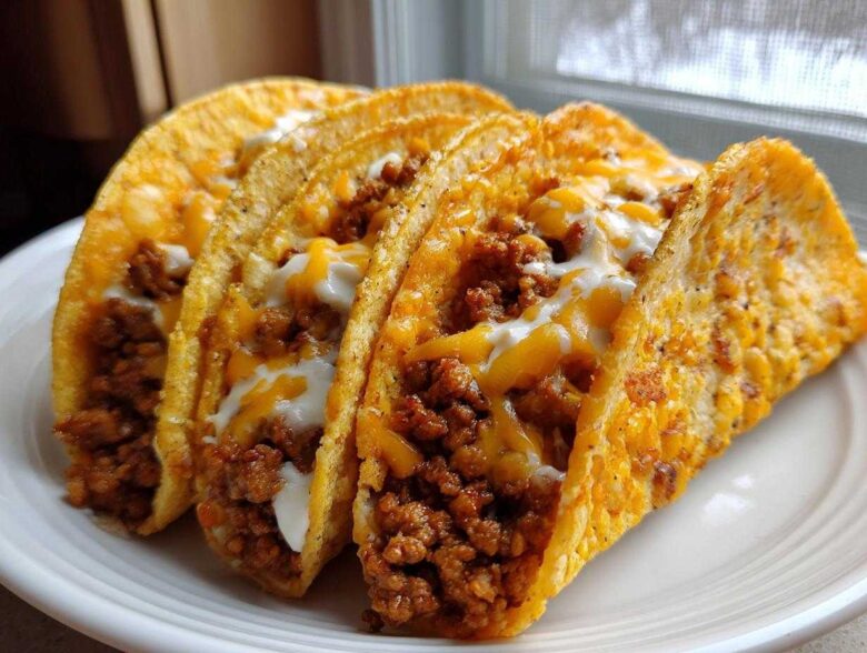 A row of four crispy tacos filled with seasoned ground beef, melted cheese, and a drizzle of creamy white sauce, highlighting Cheesy Ground Beef Tacos.