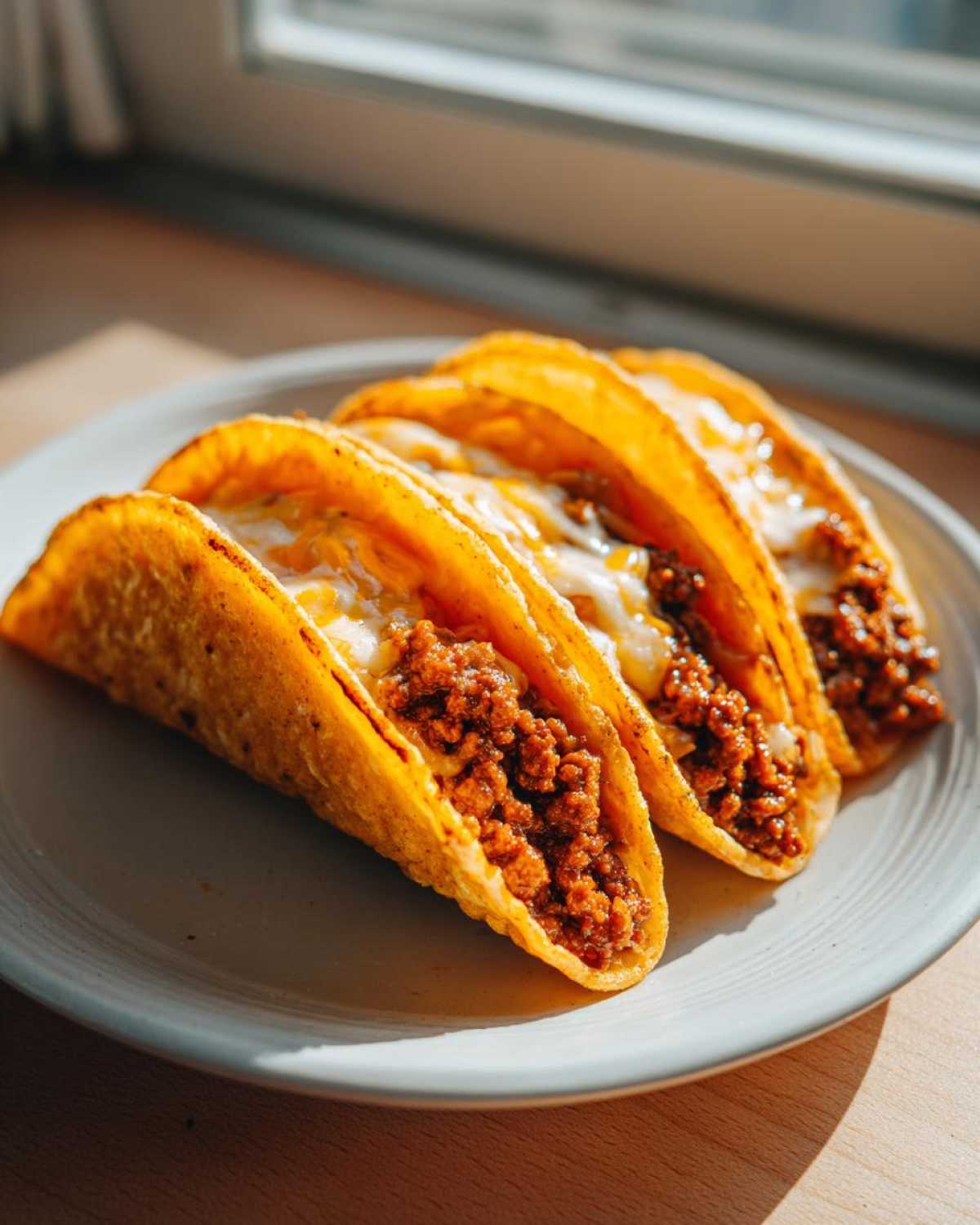 Four crispy hard-shell Cheesy Ground Beef Tacos filled with seasoned meat and melted white cheese on a plate.