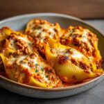 Close-up of baked Cheesy Pasta Shells with Creamy Beef Sauce, topped with melted mozzarella.