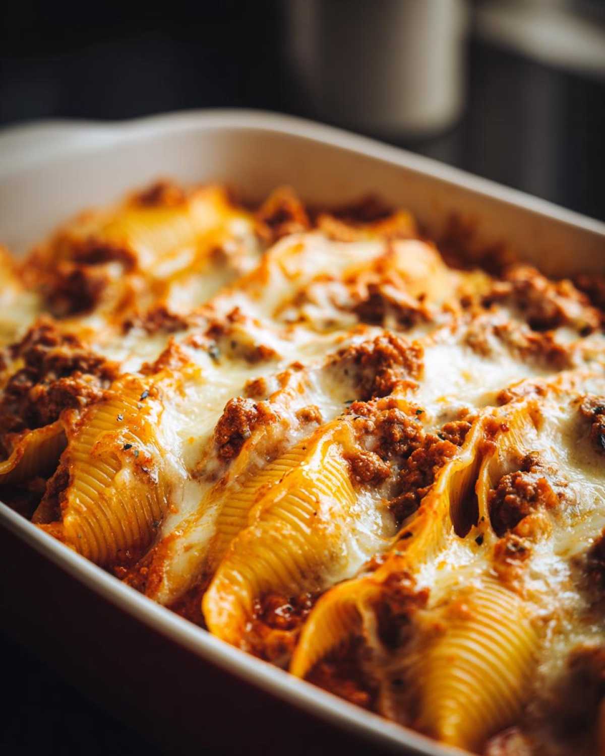 Close-up of baked Cheesy Pasta Shells with Creamy Beef Sauce bubbling under melted mozzarella cheese in a baking dish.